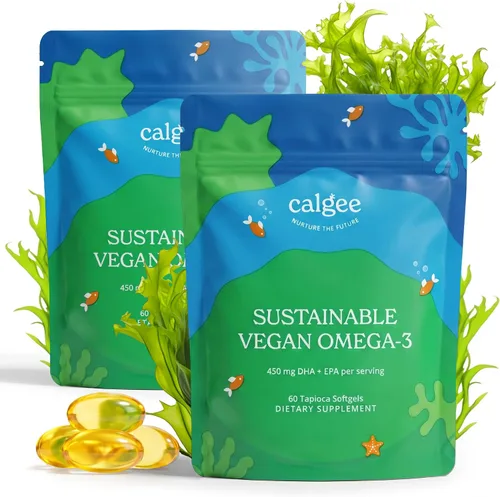 Calgee Suplemento de algas Omega 3, 450 mg de DHA y EPA, sin carragenano y sin sorbitol, cápsulas blandas veganas, probadas por terceros,