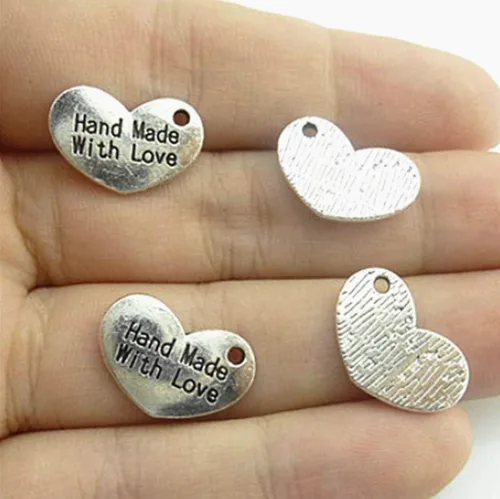 Miniatura 4 de Colgante hecho a mano con dije de amor, en forma de corazón, con mensaje de palabra, para hacer joyas (50 unidades, tono plateado antiguo), Zinc