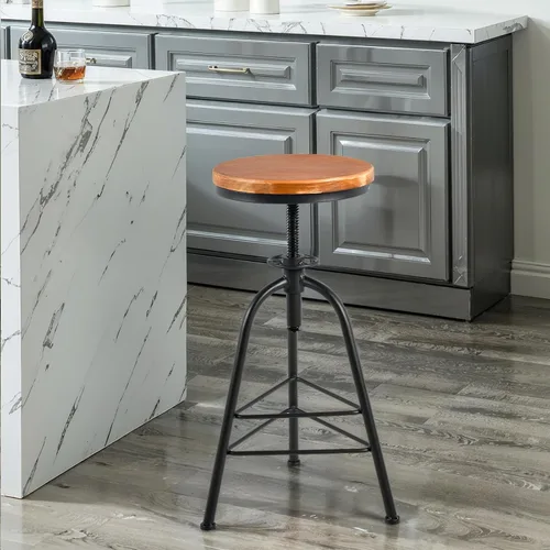 Miniatura 3 de Topower Taburete de bar de altura ajustable de metal de diseño industrial antiguo, silla de desayuno de comedor de cocina, taburete de madera