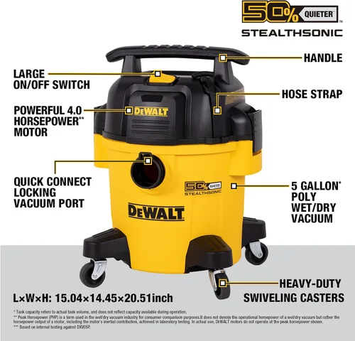 Miniatura 2 de DEWALT Stealthsonic Aspiradora de taller húmeda y seca, 5 galones, 4 HP, aspiradora ultra silenciosa con kit de accesorios completo y 6 bolsas