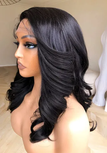 Miniatura 4 de Peluca de encaje frontal de 14 pulgadas con cuerpo ondulado de encaje HD, pelucas sin pegamento de cabello humano preestilizadas y precortadas, Negro