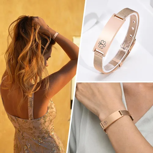 Miniatura 2 de Pulseras personalizadas de alerta médica para hombres, mujeres y niños, grabado gratuito, malla de acero inoxidable ajustable, pulsera