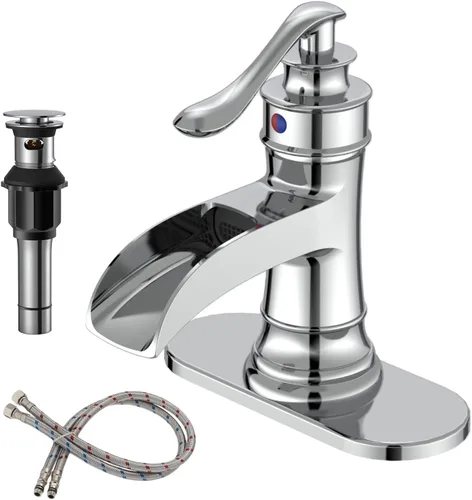 Miniatura 15 de BWE - Grifo de baño de cascada de una manija, cromado y dorado, para tocador con tapón de drenaje emergente con rebosadero, de un agujero, palanca