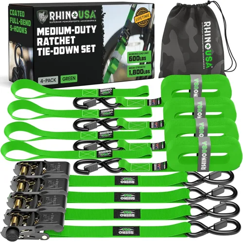 Miniatura 12 de Rhino USA - Correas de trinquete de amarre (4), 1 pulgada x 15 pies (resistencia 1823 libras), con ganchos en S de seguridad, alta calidad para Negro
