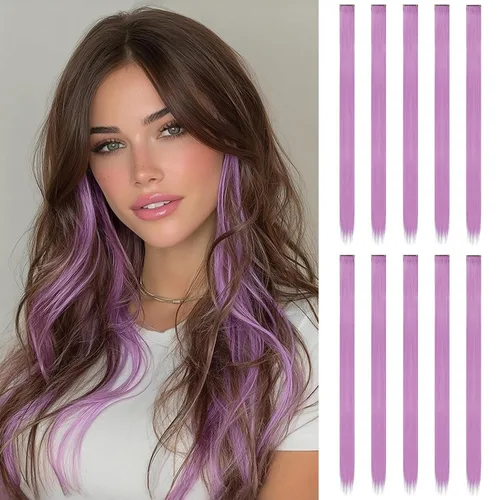 Miniatura 23 de FESHFEN Extensiones de cabello con clip de colores, 16 piezas de 8 colores resaltados, piezas de cabello sintético lacio con clip para mujer, 22