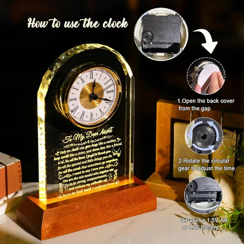 Miniatura 6 de Arikyrist Regalos para Tía de Sobrina y Sobrino con Base de Madera con Luz, Reloj de Cristal Significativo para Tía, Regalos de Cumpleaños, Regalos