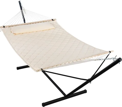 Miniatura 10 de ANOW Hamaca doble con combo de soporte de acero resistente de 12 pies, hamaca acolchada para 2 personas con soporte para exterior, capacidad