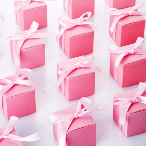 Miniatura 2 de AWELL Caja de dulces de regalo rosa a granel de 2 x 2 x 2 pulgadas con cinta rosa caja de favor de fiesta, paquete de 50 Caja rosa con cinta rosa