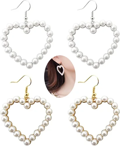 2 pares de aretes de corazón de perlas vintage, aretes de aro colgantes de perlas de amor, aretes de corazón de gota, joyería para San Valentín,