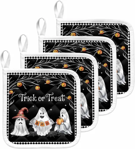 Miniatura 16 de Juego de 2 soportes para ollas de Halloween para cocina, platos de sartén para horno, tapete a prueba de calor con lazo para colgar, agarraderas