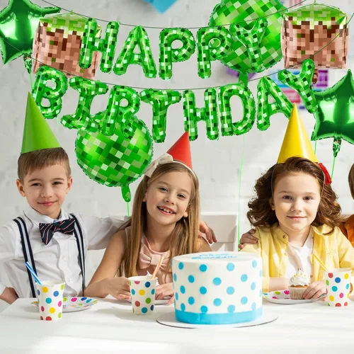 Miniatura 4 de Juego de decoraciones de fiesta de feliz cumpleaños con temática de píxeles verdes, con globos de píxeles, esenciales para fiestas temáticas