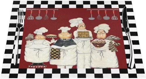 Miniatura 23 de Juego de 4 manteles individuales con estampado de cocina de chef, restaurante, cocina, acuarela, manteles individuales de tela lavable para mesa
