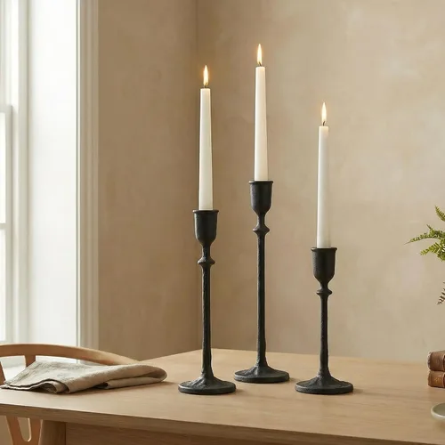 Miniatura 2 de BANOMII Juego de 3 candelabros antiguos, portavelas cónicos de hierro fundido para centro de mesa de comedor, decoración de mantel de chimenea, Negro