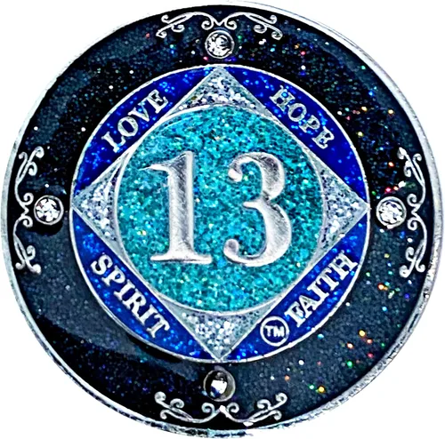 Miniatura 22 de NA 1 año de cristales y medallón de purpurina, moneda chapada en color plateado, arco iris negro, purpurina azul y cuatro cristales transparentes