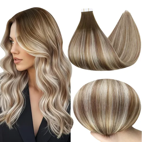 Full Shine - Extensiones de cabello humano con cinta adhesiva, 14 pulgadas, balayage, raíces color castaño oscuro y cabello castaño claro 3 a 8 y