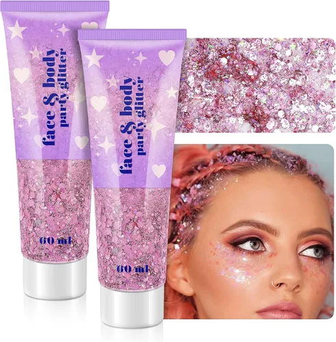Miniatura 8 de Gel de purpurina corporal, 2 frascos de gel con purpurina facial y lentejuelas para cabello, labios, sombra de ojos, uñas, gel de purpurina gruesa