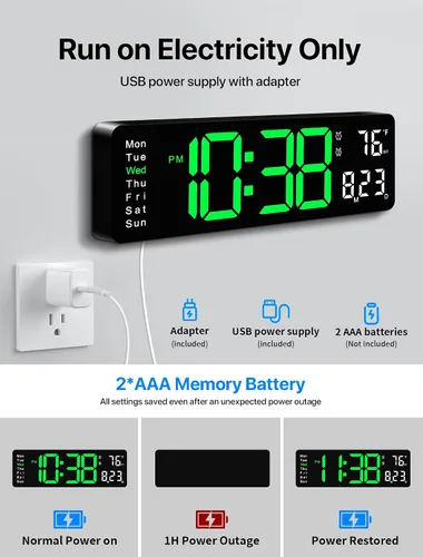 Miniatura 6 de MASHI Reloj de pared digital, reloj digital de pantalla grande de 16 pulgadas con control remoto, reloj de pared con atenuación automática con luz