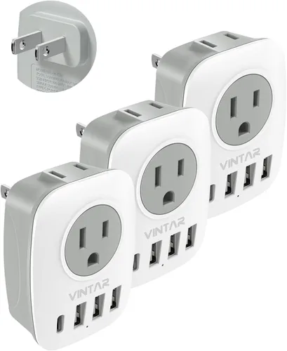 Miniatura 21 de Paquete de 2 adaptadores de enchufe de viaje europeo, VINTAR Adaptador de enchufe de alimentación internacional con 1 USB C, 2 salidas americanas