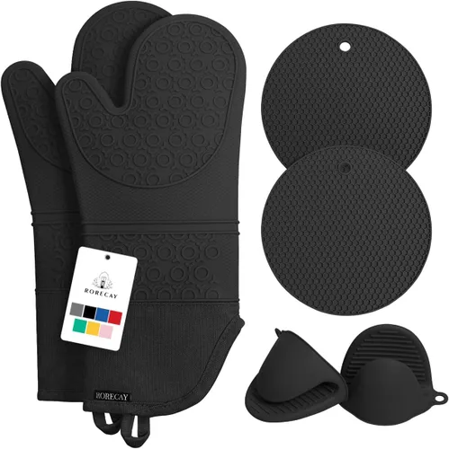 Miniatura 13 de Rorecay Juego de 6 guantes de horno y soportes para ollas para cocina, guantes de horno extralargos de silicona, resistentes al calor, 500 grados