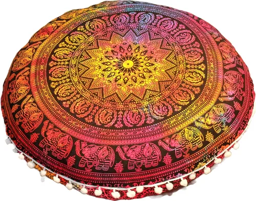 Miniatura 8 de Funda redonda para cojín de mandala, estilo hippie, bohemio y decorativo, para piso, cojín de asiento, funda otomana, puf, con pompones, boho, Flor