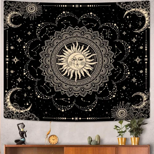 Miniatura 3 de ARTCREATOR Tapiz de sol y luna, tapices de mandala negro dorado para colgar en la pared, decoración bohemia hippie para dormitorio, sala de estar