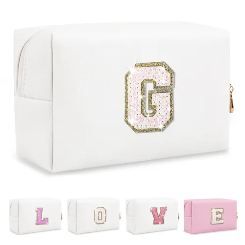 Miniatura 61 de Pequeña bolsa de maquillaje personalizada con inicial A-Z Preppy Patch, bolsa de cosméticos de viaje de felpilla blanca con cremallera, bonita bolsa