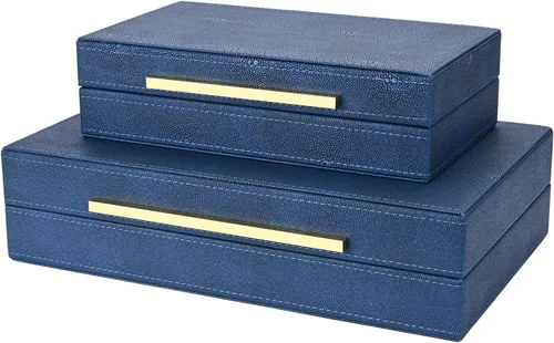 Juego de 2 cajas decorativas de cuero sintético azul marino, grandes cajas de almacenamiento anidadas decorativas con tapas para organizador de
