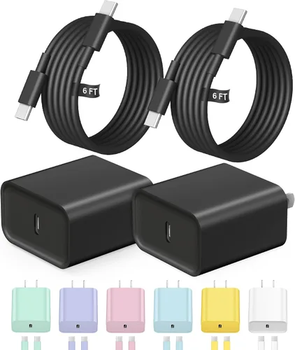 Cargador de carga rápida para iPhone 17 y 16 [certificado de seguridad UL] 20 W, paquete de 2 cargadores USB C, cargadores tipo C con cable tipo C