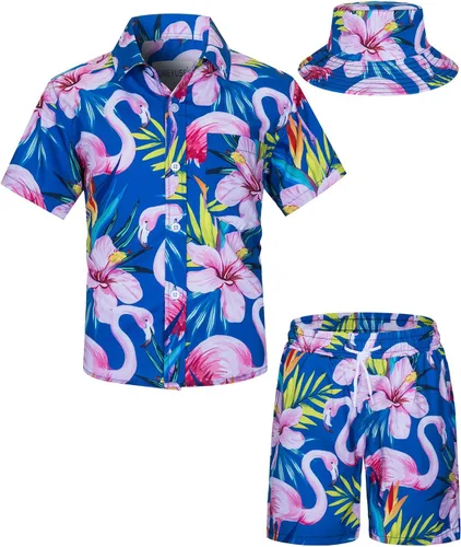 TUNEVUSE Little & Big Boys - Conjunto de camisas hawaianas con botones y pantalones cortos con sombrero de pescador, trajes de verano estampados