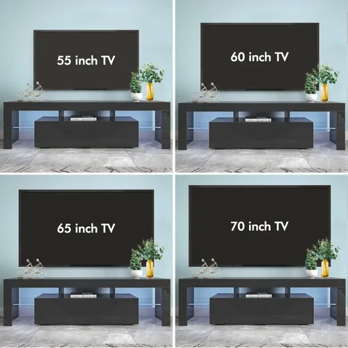 Miniatura 5 de Soporte de TV negro con 2 estantes de almacenamiento y 3 estantes abiertos, TV LED de alto brillo, centro de entretenimiento de TV, consola de TV