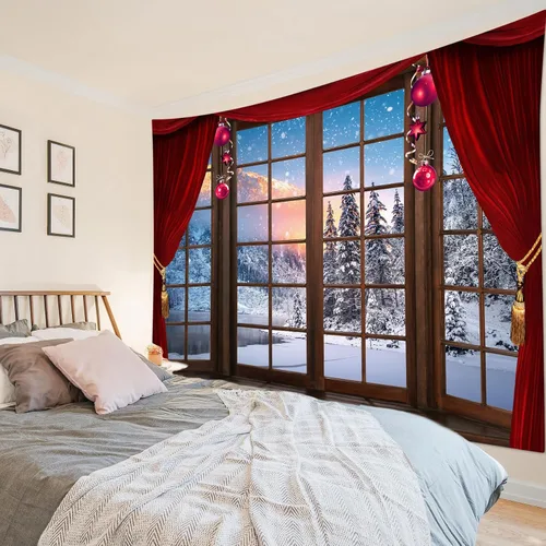 Miniatura 9 de LB Tapiz de Navidad de invierno, ventana de invierno exterior, pino nevado en bosque, tapiz de pared para dormitorio, paisaje de montaña, arte