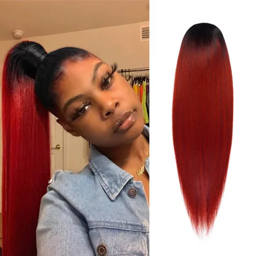 Miniatura 12 de GLAM21USA Extensión de cola de caballo recta de 28 pulgadas de largo con cordón para mujeres negras, extensión de cabello natural con clip, pieza