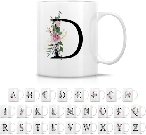 Miniatura 28 de Retreez Ramo botánico floral inicial A-Z con monograma, taza con monograma de cerámica de 11 onzas, regalo de agradecimiento de agradecimiento