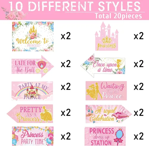 Miniatura 4 de Epakh 20 piezas de decoraciones de fiesta de princesa, letreros de bienvenida para fiesta de princesa, letreros direccionales de color rosa femenino