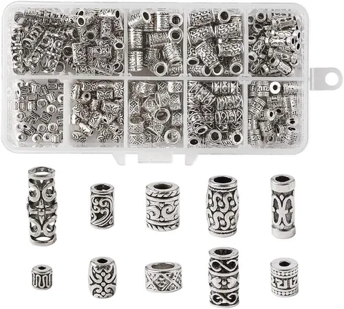 KISSITTY 300 unidades/caja de cuentas espaciadoras de columna de plata antigua tibetana con dije de tubo para barba para hombres de 0.177 in a 0.709