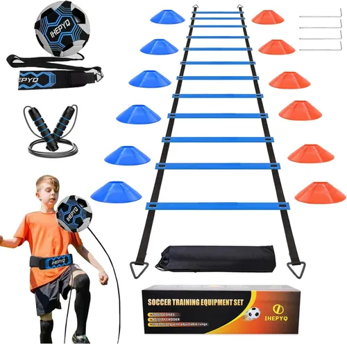 IHEPYQ Juego de equipos de entrenamiento de agilidad de fútbol, escalera de agilidad de 12 peldaños de 20 pies, 12 conos de disco, 4 estacas de