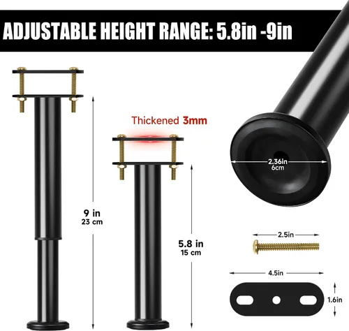 Miniatura 2 de 4 patas de soporte de cama de altura ajustable, patas de soporte de metal de 6 a 9 pulgadas debajo del marco de la cama, piezas de repuesto de patas