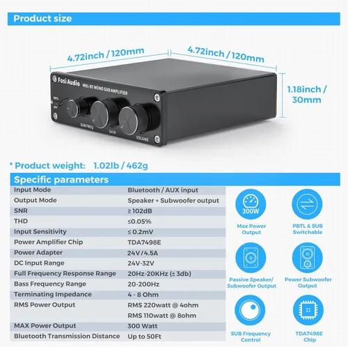 Miniatura 5 de Fosi Audio M01-BT Bluetooth 5.0 300 vatios amplificador de subwoofer de cine en casa de frecuencia completa Mini audio estéreo Hi-Fi mono