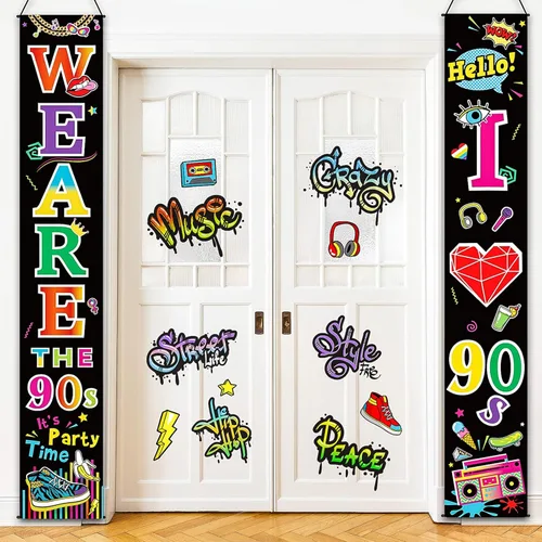 Miniatura 7 de Blulu Decoración de fiesta de los años 70 y 80, pancarta de los años 90 y 80 con texto en inglés "I Love 1980s Back to the 1980s 1970s Hanging Porch