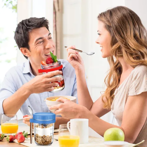 Miniatura 4 de Layhit 8 juegos de recipientes de avena durante la noche de 16 onzas con tapas y cucharas, tarros grandes de vidrio de verano para avena durante