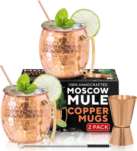 Benicci Moscow Mule Tazas de Cobre - Juego de 2, 100% hechas a mano, tazas sólidas de cobre puro seguras para alimentos, juego de regalo de 16 onzas