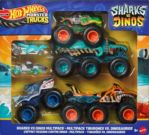 Miniatura 6 de Hot Wheels Autos de juguete y camiones monstruo, Tiburones vs. Dinosaurios paquete múltiple con 2 grandes plataformas, 2 camiones monstruo a escala