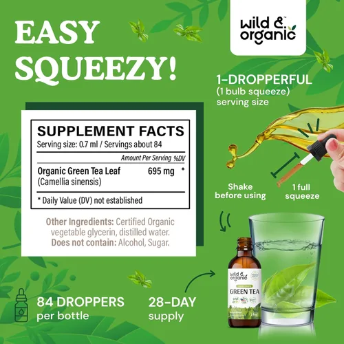 Miniatura 3 de Wild & Organic Gotas Líquidas de Extracto de Té Verde - Suplemento Antioxidante - Suplementos Naturales de Té Verde con Camellia Sinensis - Tintura