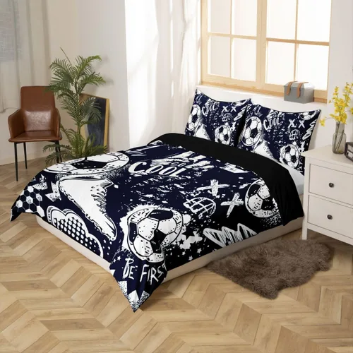 Miniatura 5 de Erosebridal Funda de edredón para niños, tamaño individual, funda de edredón de fútbol para jugadores, juego de ropa de cama con grafiti fresco