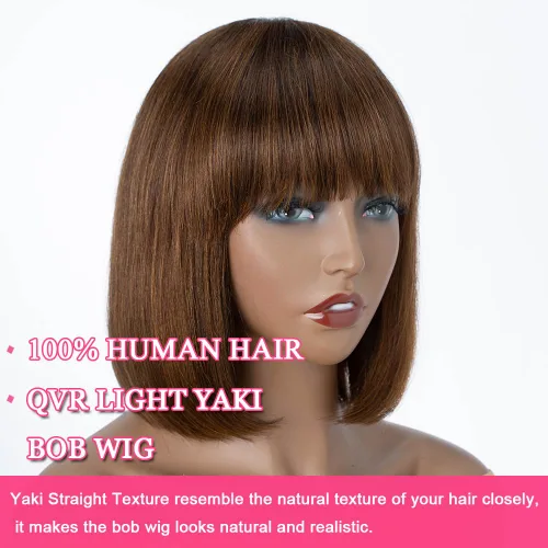 Miniatura 4 de QVR - Peluca de cabello humano corto estilo Bob con flequillo, 10 pulgadas, cabello lacio virgen brasileño hecho a máquina, sin encaje frontal