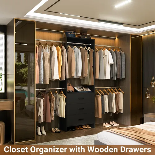 Miniatura 2 de Aheaplus Sistema de Armario con 3 Cajones de Madera, Organizador de Vestuario con Entrada, Estante de Ropa con 4 Barras para Colgar, Perchero, -4R
