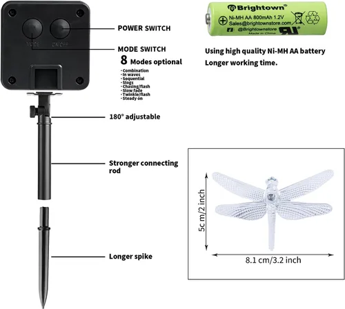 Miniatura 6 de Guirnalda de luces solares de libélula para exteriores, 20.8 pies, 30 luces LED impermeables con energía solar, 8 modos de luces decorativas