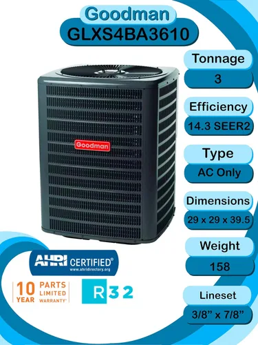 Miniatura 2 de Goodman 3 Ton 13.4 SEER2 R32 condensador del aire acondicionado, modelo GLXS3B3610, negro