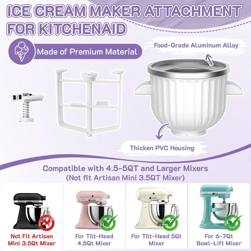 Miniatura 4 de Accesorio para máquina de helados KitchenAid para batidora de pie, se adapta a mezcladores KitchenAid de 4.5 cuartos de galón y más grandes, tazón