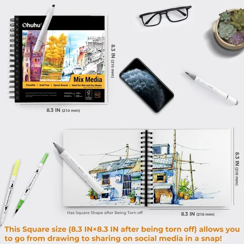 Miniatura 2 de Ohuhu Mix Media Pad, cuaderno de bocetos de arte mixto de 8.3 x 8.3 pulgadas, papel pesado de 120 lb/200 GSM, 62 hojas/124 páginas, bloc de papel